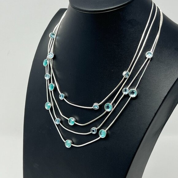 Silver Tone with Turquoise Blue Colored Crystals 4 Strand Chain Necklace - Picture 4 of 11